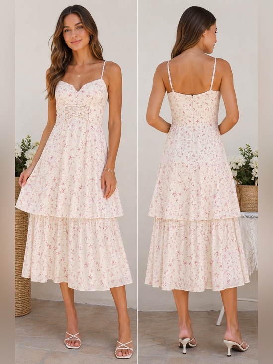 Trixxi Dresses & Skirts - Trixxi Floral Tiered Maxi Dress Cream Pink Lace-Up Front Cottagecore Size M NWT